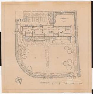 Druckvorlagen: Garten eines Wohnhauses: Grundriss, Maßstabsleiste