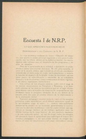 Encuesta I de N. R. P. : Lo que aprenden nuestros hijos