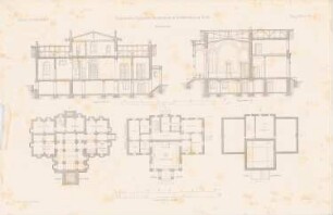 Städtisches Allgemeines Krankenhaus, Berlin-Friedrichshain: Grundrisse, Längsschnitt, Querschnitt Leichenhaus (aus: Atlas zur Zeitschrift für Bauwesen, hrsg. v. F. Endell, Jg. 26, 1876)