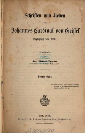 Schriften und Reden von Johannes Cardinal von Geissel, Erzbischof von Köln. 3