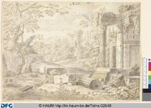 Italienische Landschaft mit Ruinen eines Palastes und verfallendem Rundturm im Hintergrund