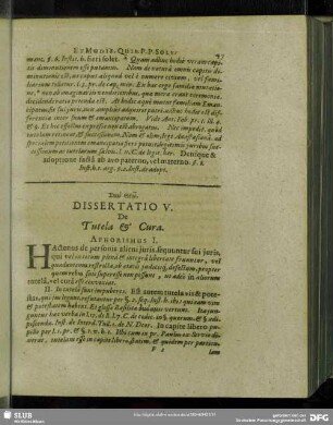 Dissertatio V. De Tutela & Cura