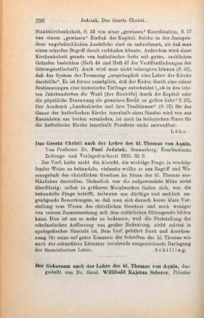 296 [Rezension] Jedzink, Paul, Das Gesetz Christi nach der Lehre des hl. Thomas von Aquin