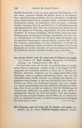 296 [Rezension] Jedzink, Paul, Das Gesetz Christi nach der Lehre des hl. Thomas von Aquin
