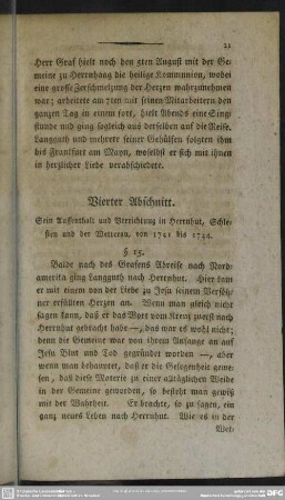 Vierter Abschnitt. Sein Auffenthalt und Verrichtung in Herrnhut, Schlesien und der Wetterau, von 1741 bis 1744