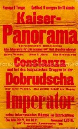 Maueranschlag mit Werbung für Vorführungen im Kaiserpanorama über Constanza u.a.