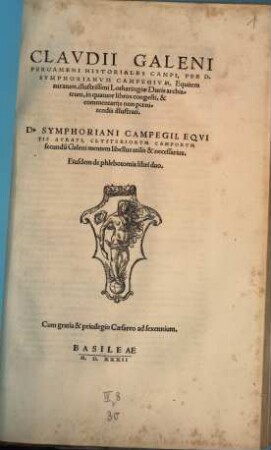 Claudii Galeni Pergameni Historiales Campi