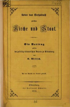Ueber das Verhältniß zwischen Kirche u. Staat