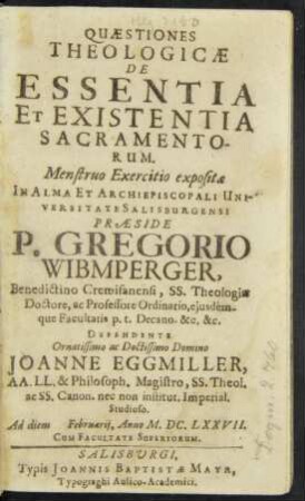 Quaestiones Theologicae De Essentia Et Existentia Sacramentorum