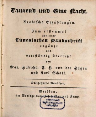 Tausend und eine Nacht : arabische Erzählungen. 13. Bändchen