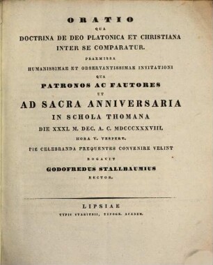 Oratio qua doctrina de deo Platonica et christiana inter se comparatur