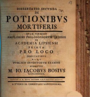 Dissertatio Secvnda De Potionibvs Mortiferis