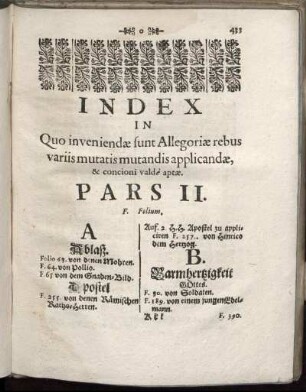 Index In Quo inveniendæ sunt Allegoriæ rebus variis mutatis mutandis applicandæ, & concioni valdè aptæ.