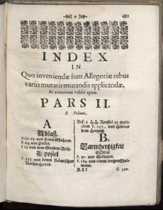 Index In Quo inveniendæ sunt Allegoriæ rebus variis mutatis mutandis applicandæ, & concioni valdè aptæ.