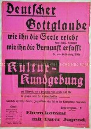 Veranstaltungsplakat des Tannenbergbundes e. V., Gau Bremen, zu einer Kundgebung über das Gottesverständnis der Ludendorff-Bewegung