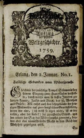 Auszug der neuesten Weltgeschichte. 1759. Erlang, den 2. Januar. No. 1. - Erlang, den 11. Januar. No. 5.
