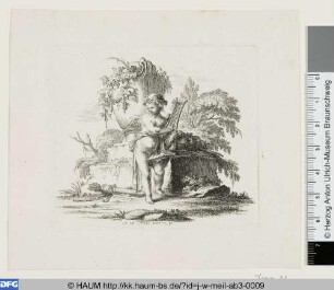 Amor mit Leier und Rebenkranz vor einem Denkmal