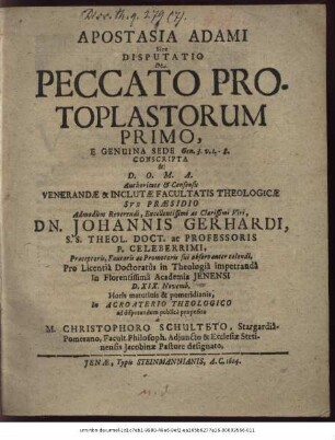 Apostasia Adami Sive Disputatio De Peccato Protoplastorum Primo