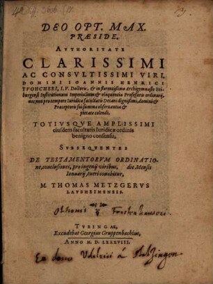 Authoritate ... Ioannis Henrici Tuohcheri ... subsequentes de testamentorum ordinatione conclusiones