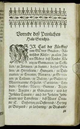 Vorrede deß Peinlichen HalsGerichts.