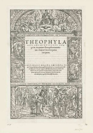 Titelverzierung mit der heiligen Dreieinigkeit, Aposteln und Evangelisten
