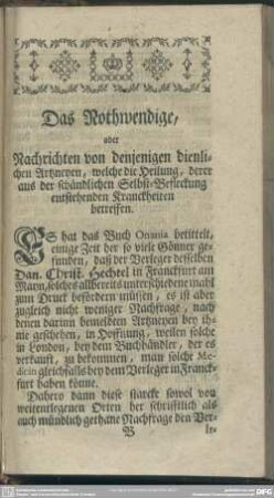 Das Nothwendige, oder Nachrichten von denjenigen dienlichen Artzneyen, welche Heilung, derer aus der schändlichen Selbst-Befleckung entstehenden Kranckheiten betreffen
