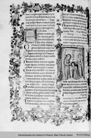 Breviarium Fratrum Minorum cum psalterio et kalendario : Zweispaltige Textseite mit Bordürenrahmen, Bordürenstab, Initiale A und Miniatur: die hl. Klara kniet vor dem hl. Franziskus