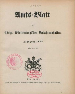 1894: Amtsblatt der Württembergischen Verkehrsanstalten