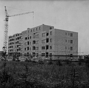 Fuchsberg / Im Hölk: Wohnblocks der Gemeinnützigen Wohnstätten Genossenschaft Bad Oldesloe: im Bau mit Gerüst: davor Baumaterial: hinten links Baukran: vorn verkrautete Wiese