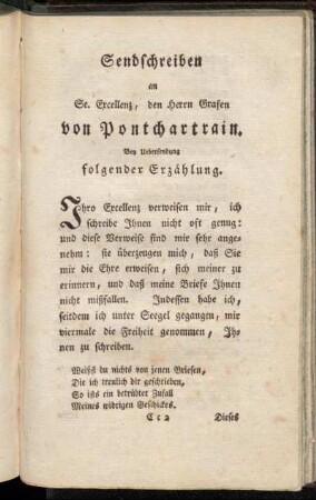 Sendschreiben an Se. Excellenz, den Herrn Grafen von Pontchartrain.