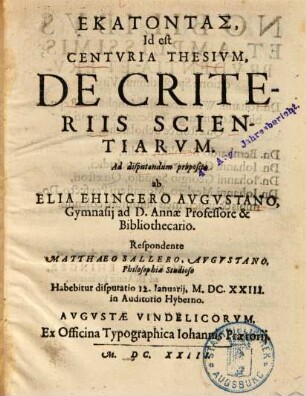 Hekatontas, Id est Centvria Thesivm, De Criteriis Scientiarvm