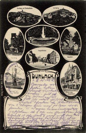 Postkartenalbum mit Motiven von Durlach. "Durlach. Turmberg mit Drahtseilbahn; Schlossgarten; Turmberg; Hauptstraße; Baseltor; Markgraf Karl Denkmal; Partie in der Hauptstra0ße"