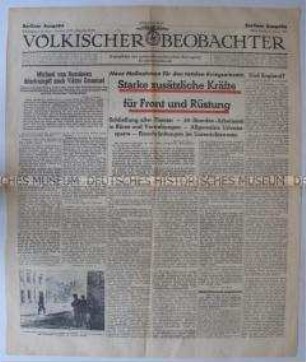 Titelblatt der Tageszeitung "Völkischer Beobachter" zu neuen Maßnahmen des "totalen Krieges" und zur Lage in Rumänien