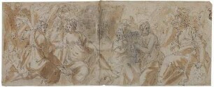 Minerva mit den Musen, im Hintergrund Pegasus und Merkur