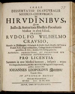 Dissertatio Inauguralis Medico-Chirurgica De Hirudinibus