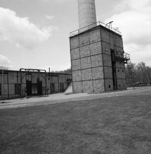 Uebigau-Wahrenbrück-Domsdorf. Brikettfabrik Louise (1882/1991 Kohleabbau; seit 1992 Technisches Denkmal). Abhitzekessel. Eckansicht (links das Kesselhaus)