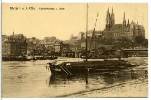 Meißen. Albrechtsburg - Elbe mit Schleppzug und Lastkahn
