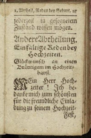 Andere Abtheilung. Einfältige Reden bey Hochzeiten.