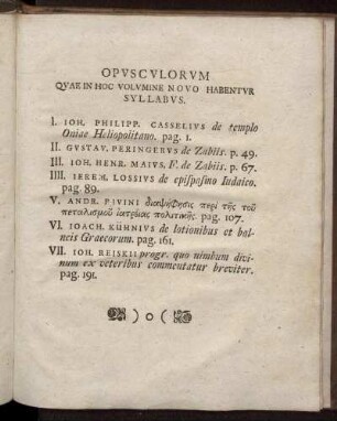 Opusculorum Quae In Hoc Volumine Novo Habentur Syllabus.