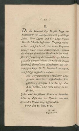 E. Da die Hochwürdige Grosse Loge der Freymaurer von Deutschland ...