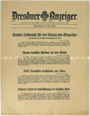 Nachrichtenblatt "Dresdner Anzeiger" u.a. zum Besuch eines Mitgliedes des englischen Königshauses im Iran
