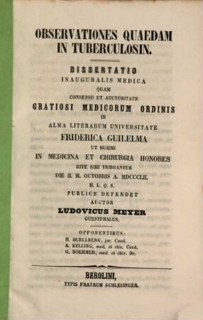 Observationes quaedam in tuberculosin : Diss. inaug. med.