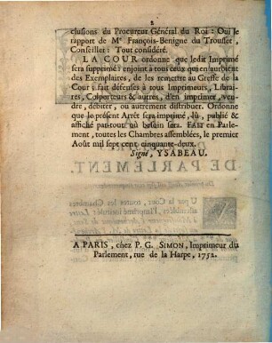 Extrait Des Registres De Parlement, Du premier Aoust mil sept cent cinquante-deux