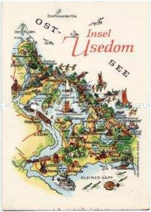 Postkarte mit Karte der Insel Usedom