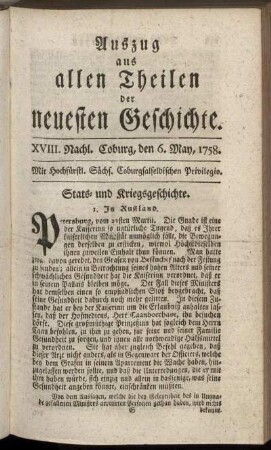 XVIII. Nachl. Coburg, den 6. May, 1758.