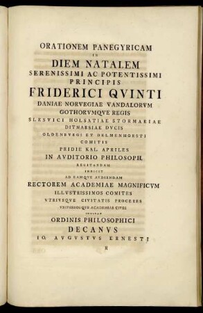 Orationem Panegyricam In Diem Natalem Serenissimi Ac Potentissimi Principis Friderici Quinti ...