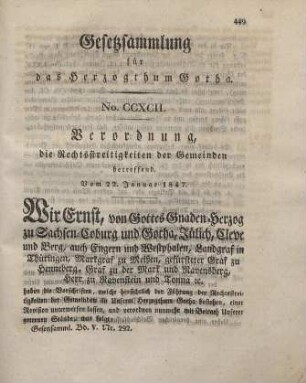292. Verordnungen, die Rechtsstreitigkeiten der Gemeinden betr., vom 22. Januar 1847.