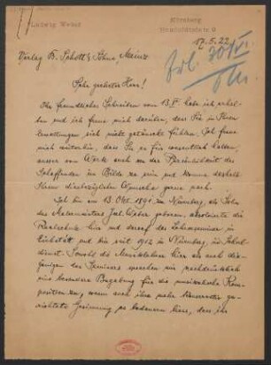 Brief an B. Schott's Söhne : 17.05.1922