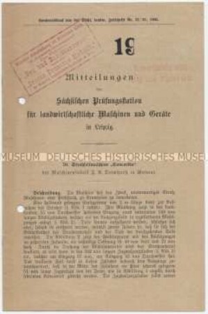 Mitteilungen der Sächsischen Prüfungsstation für landwirtschaftliche Maschinen und Geräte in Leipzig