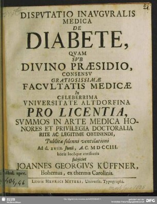 Disputatio Inauguralis Medica De Diabete